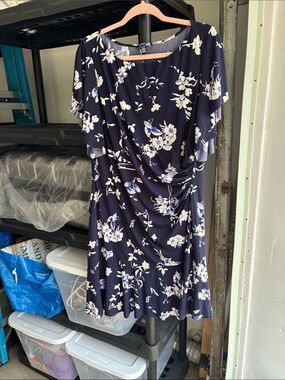 Michael Kors Navy Floral Midi Dress with Ivory & Light Blue Blossoms